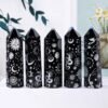 5 Size of Black Obsidian Crystal Tower Pillar with Star, Moon, and Sun Silver Patterns Wholesale 102057001