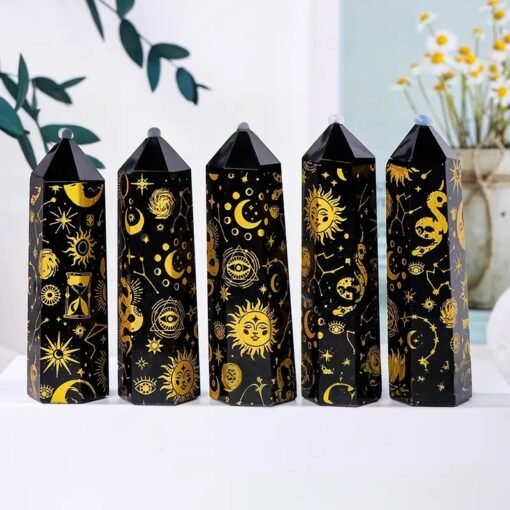 5 Sizes of Glod Black Obsidian Crystal Tower Pillar with Star, Moon, and Sun Patterns Wholesale 102234000-1