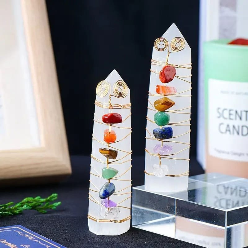 Selenite Wire Wrapped Chakra Tower 2.76 in