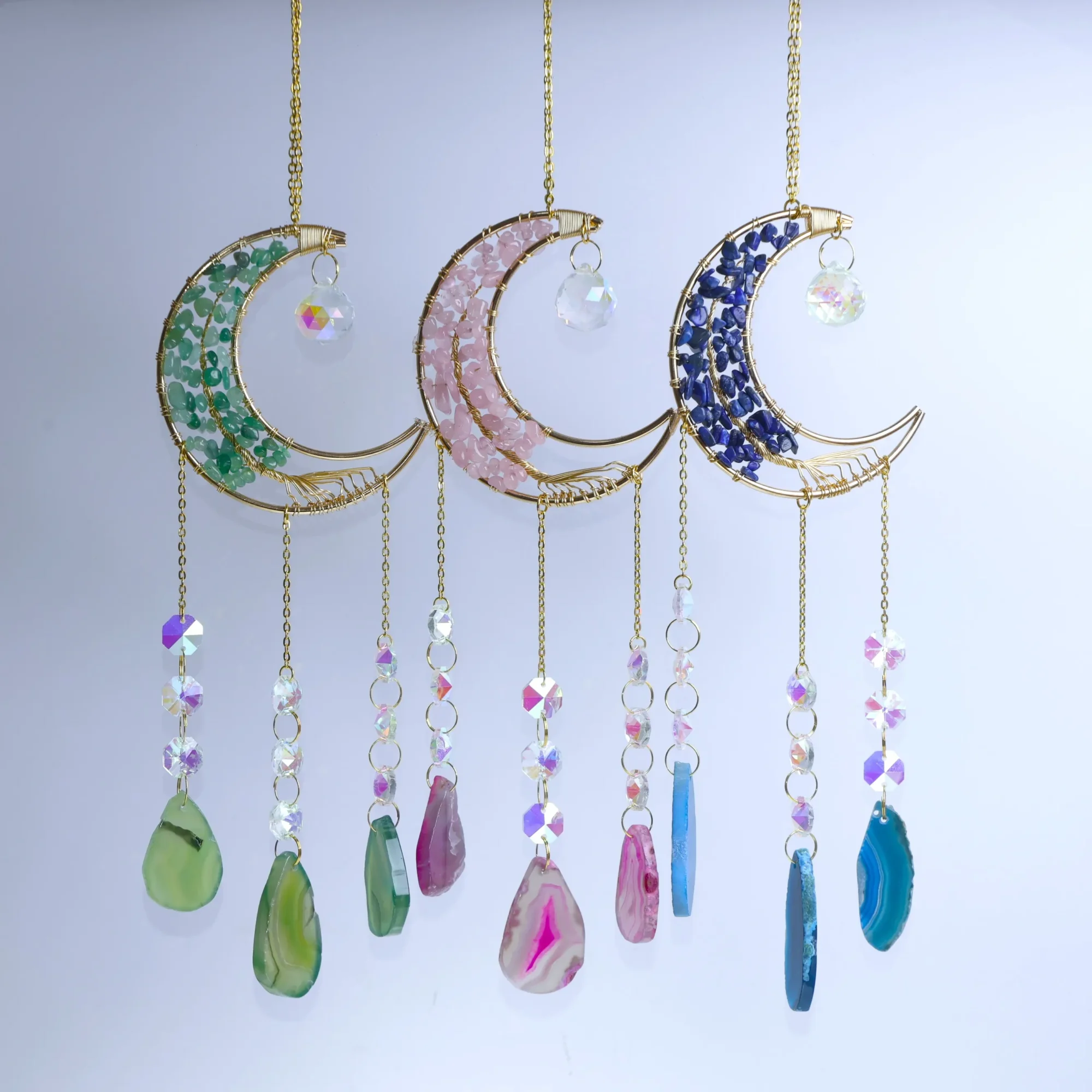 3-color moon wind chimes with 3 dyed agate slices 15 in -010017501