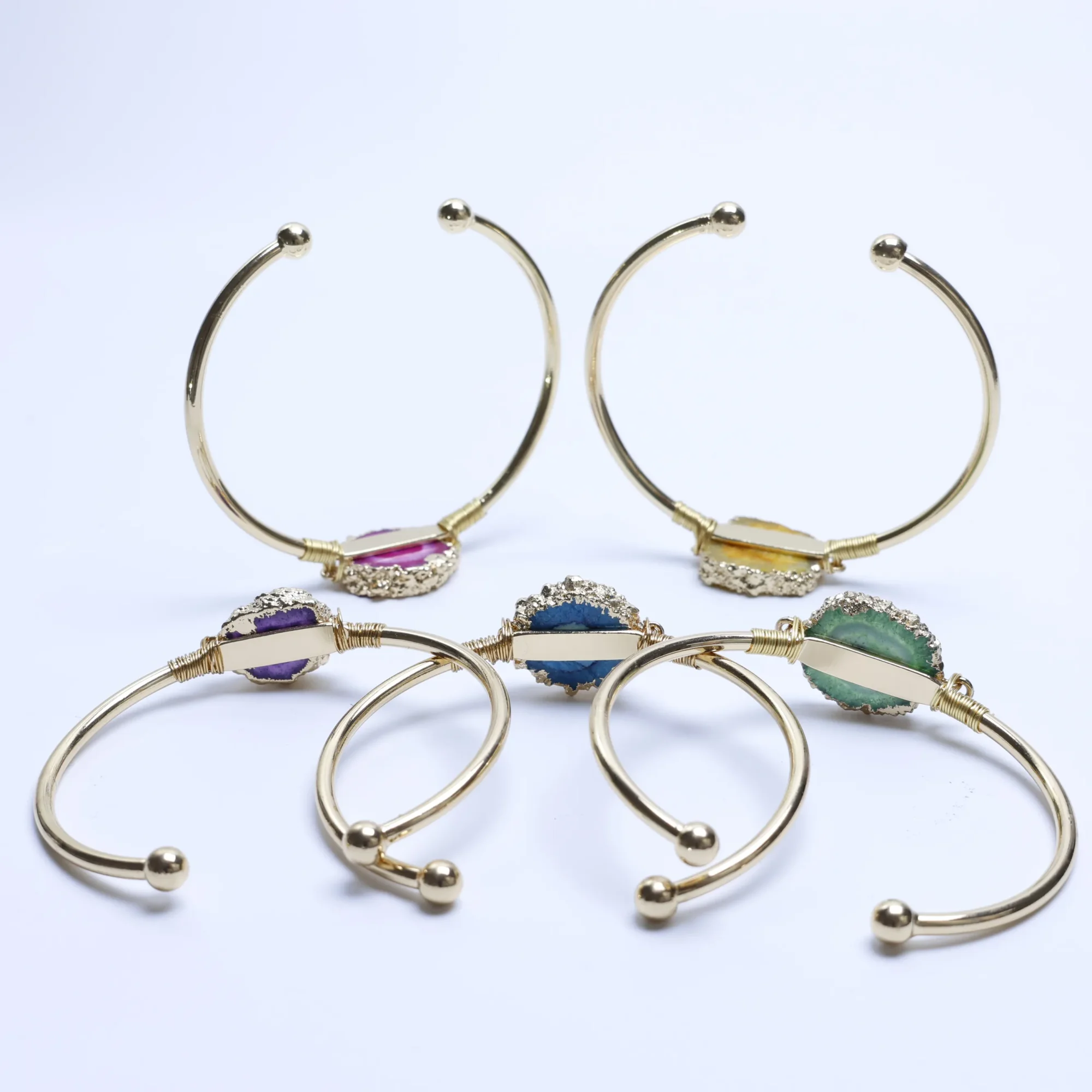 5-Color Wire-Wrapped Agate Slice Cuff Bracelet-037011401-0