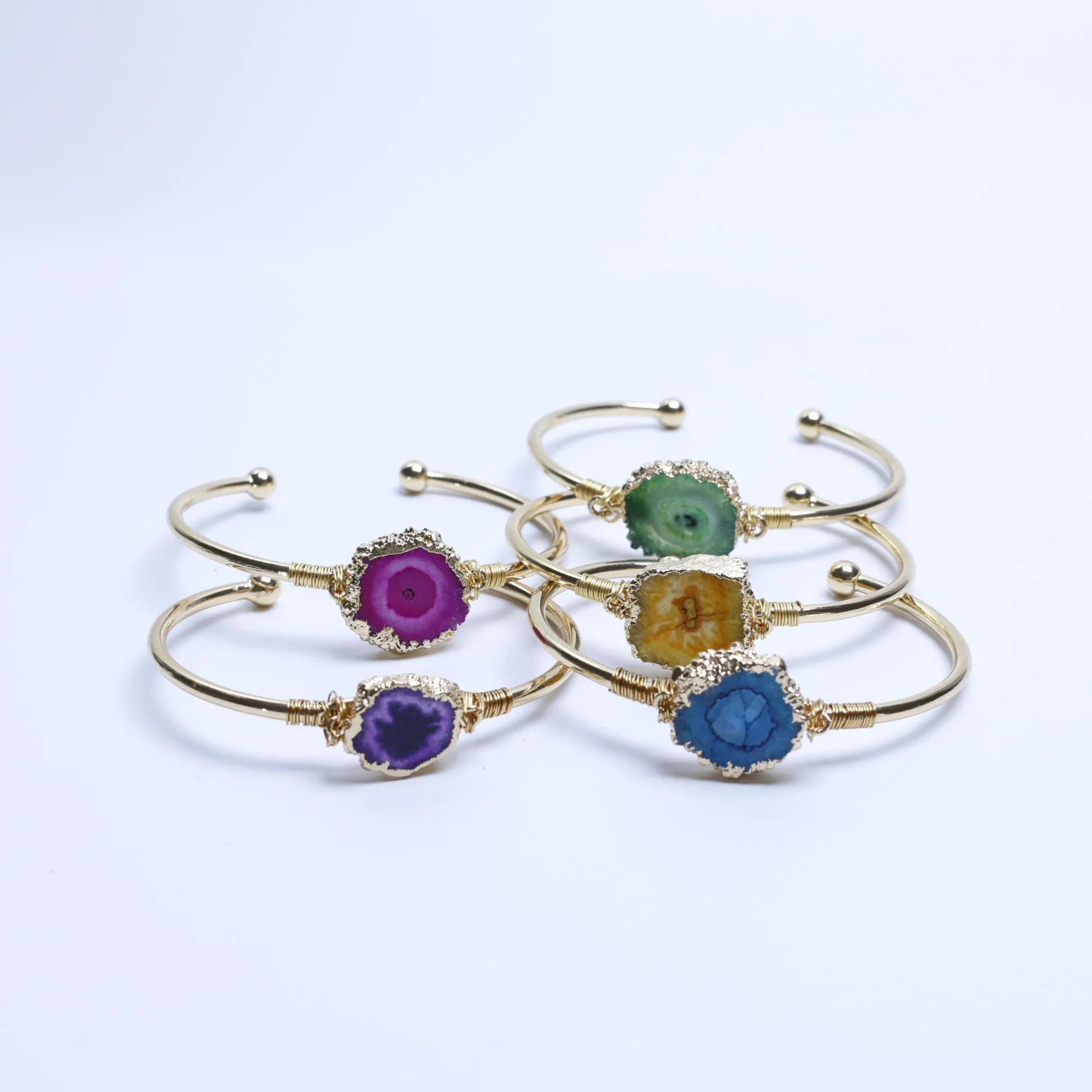 5-Color Wire-Wrapped Agate Slice Cuff Bracelet-037011401
