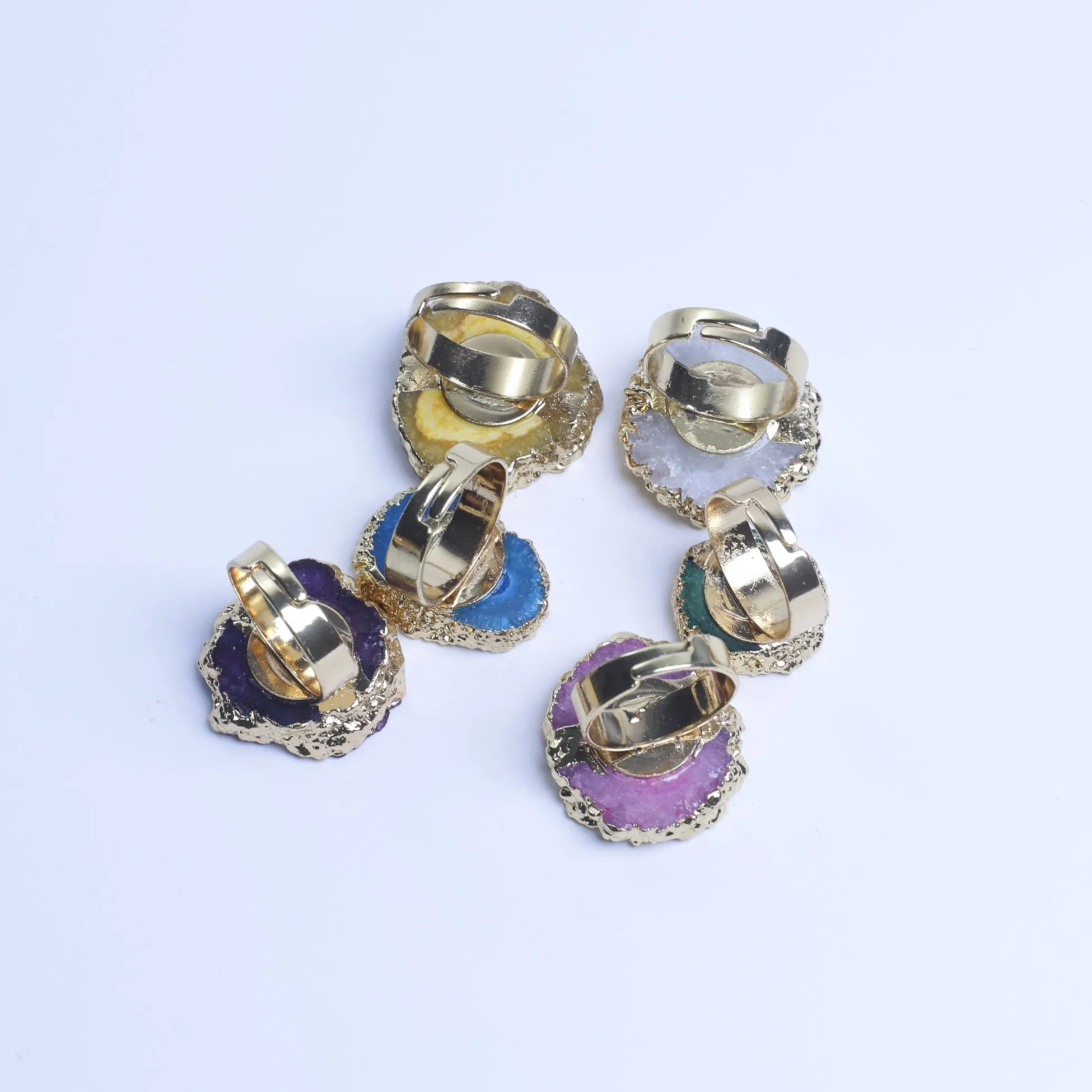 6-Color Agate Geode Slice Adjustable Ring with Gold-Plated Edge-034011302-2