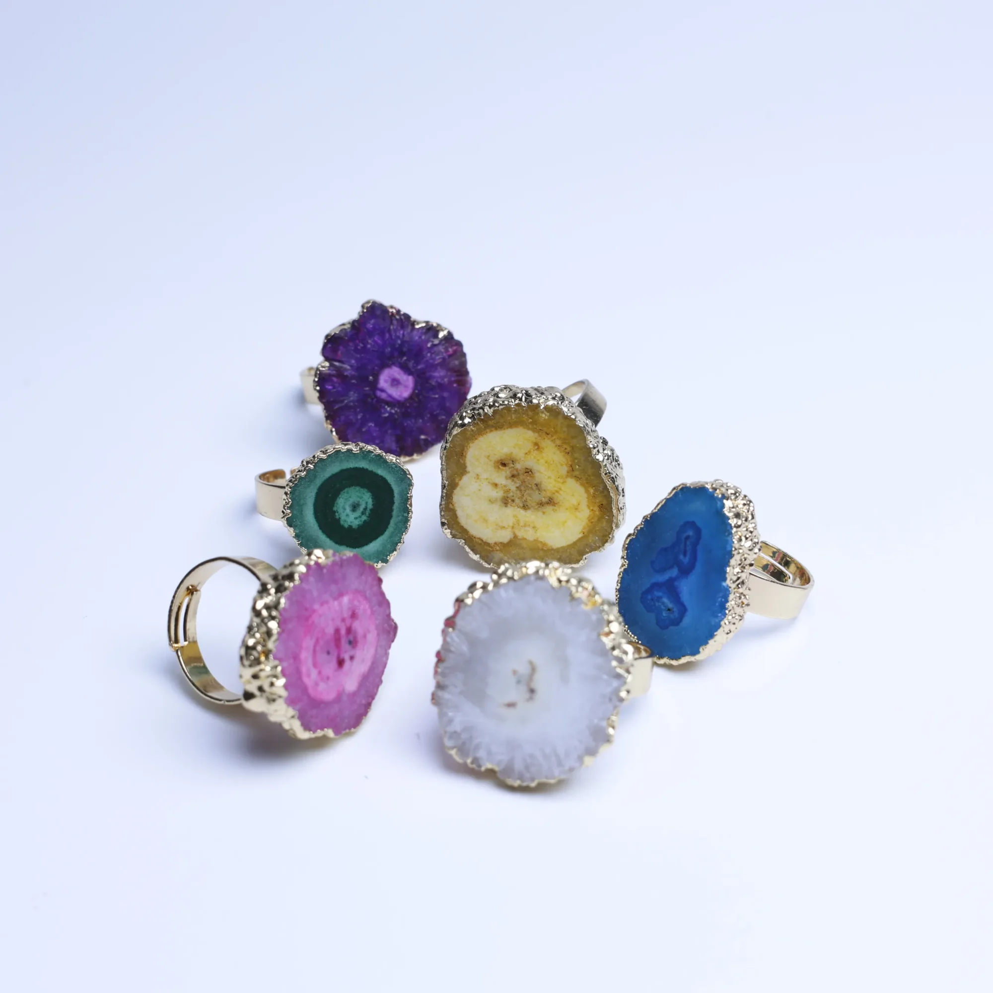 6-Color Agate Geode Slice Adjustable Ring with Gold-Plated Edge-034011302