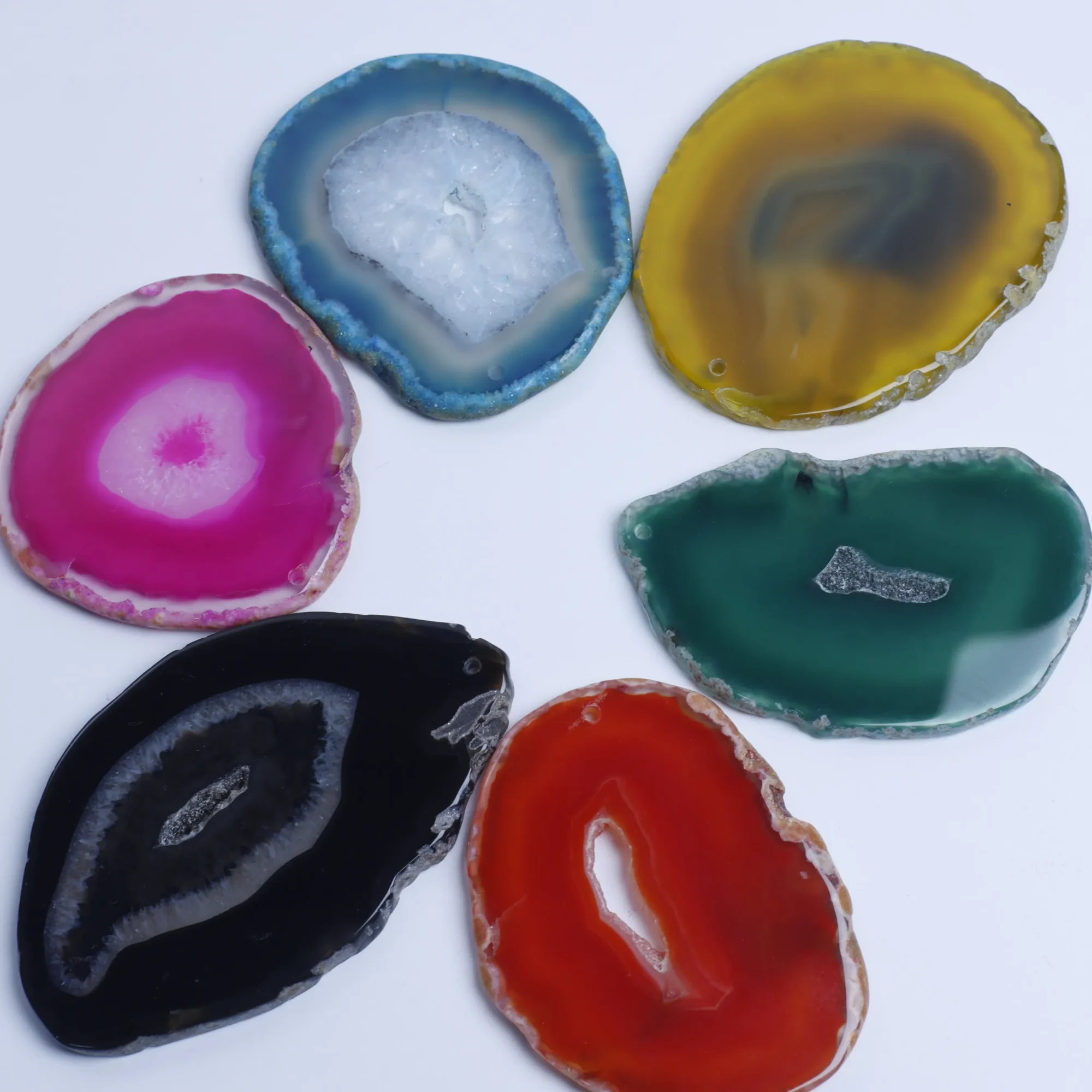 6-Color Dyed Drilled Agate Geode Slices Pendants-039014702