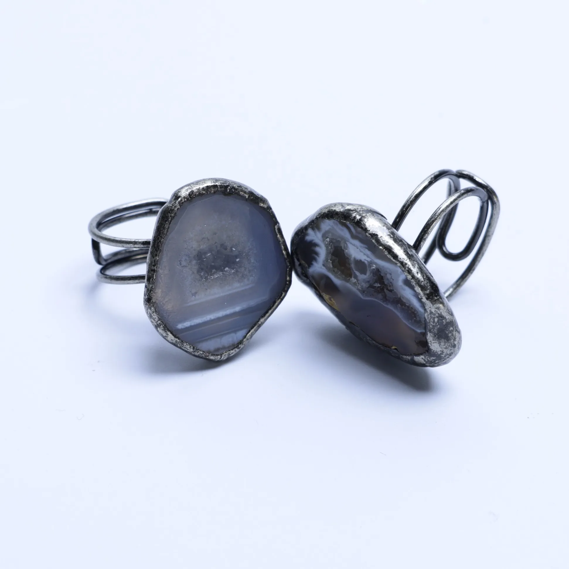 Agate Geode Druzy Slice Adjustable Ring Silver Finish Edge-014011301