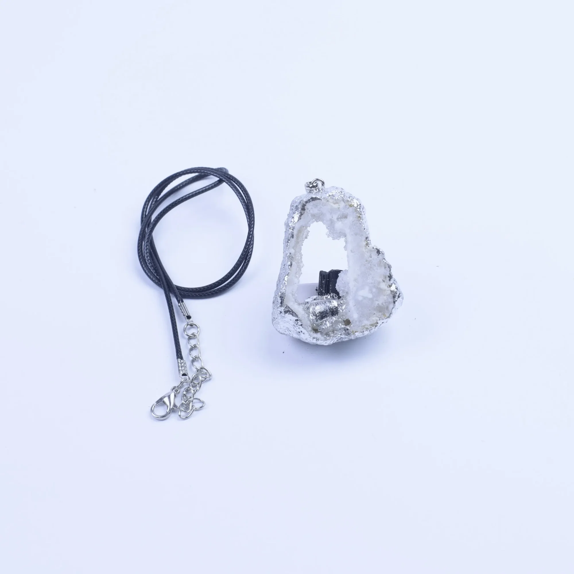 Agate Geode Slice Pendant with Silver-Plated Edge & Black Tourmaline Inlaid Crystal -02801470103