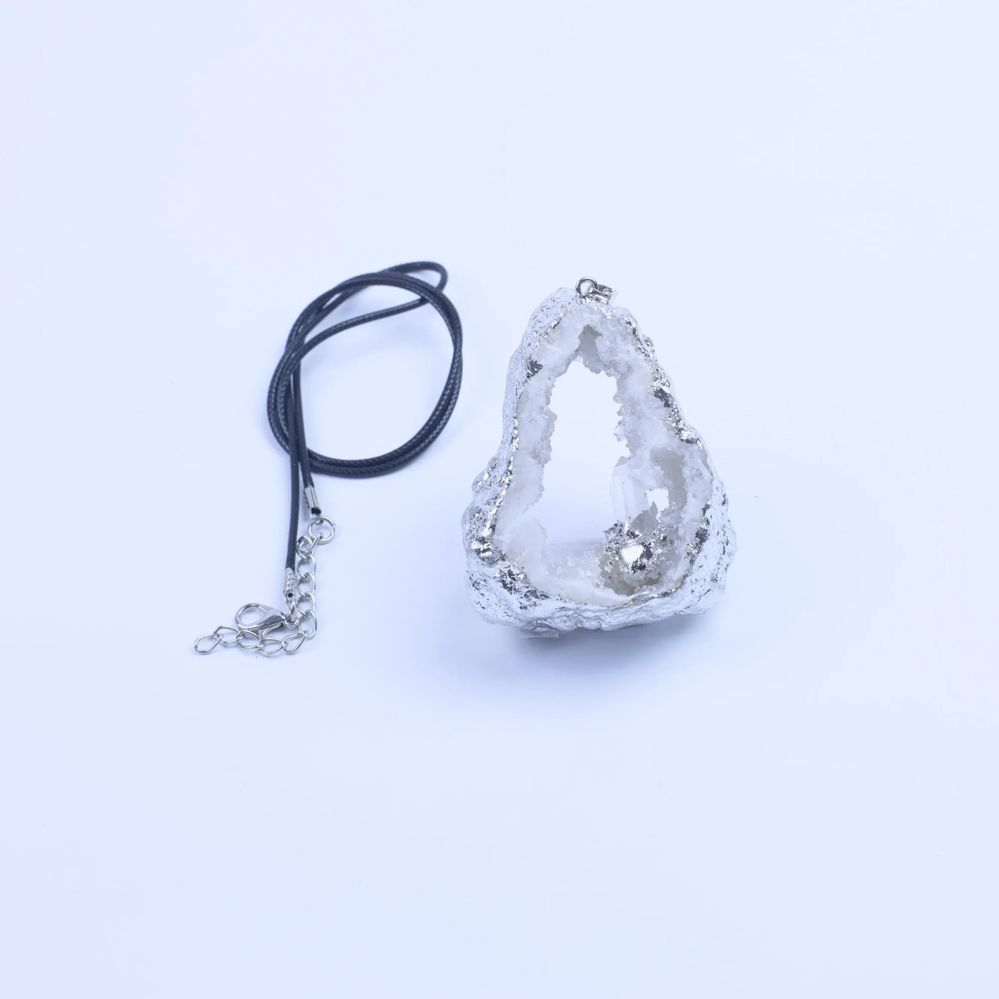Agate Geode Slice Pendant with Silver-Plated Edge & Clear Quartz Inlaid Crystal -02801470101