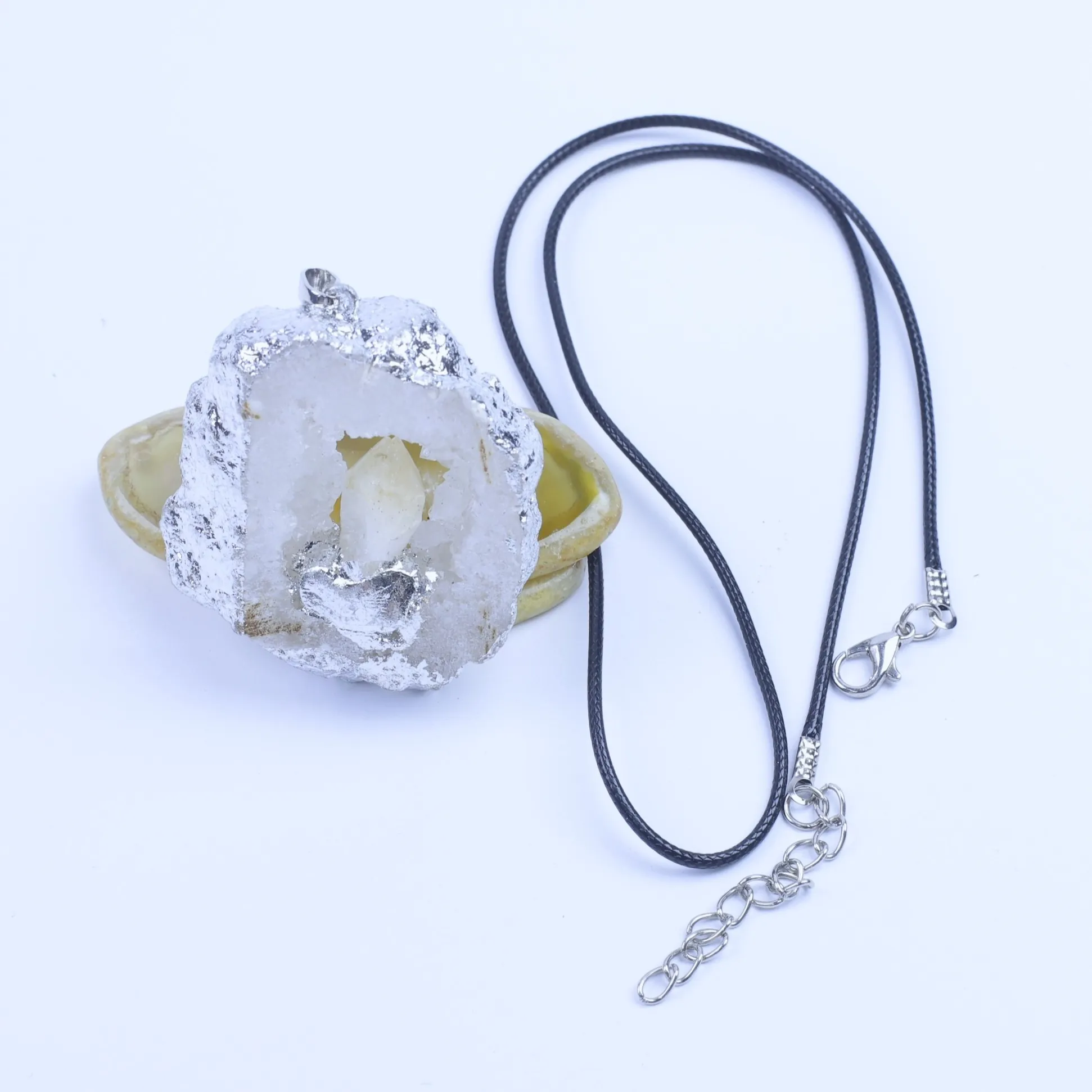 Agate Geode Slice Pendant with Silver-Plated Edge & Inlaid Crystal-028014701-1