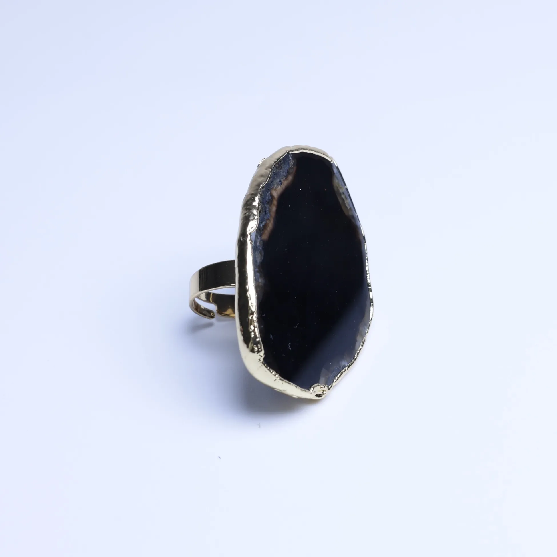 Black-Color Large Agate Slice Adjustable Ring-03601130103
