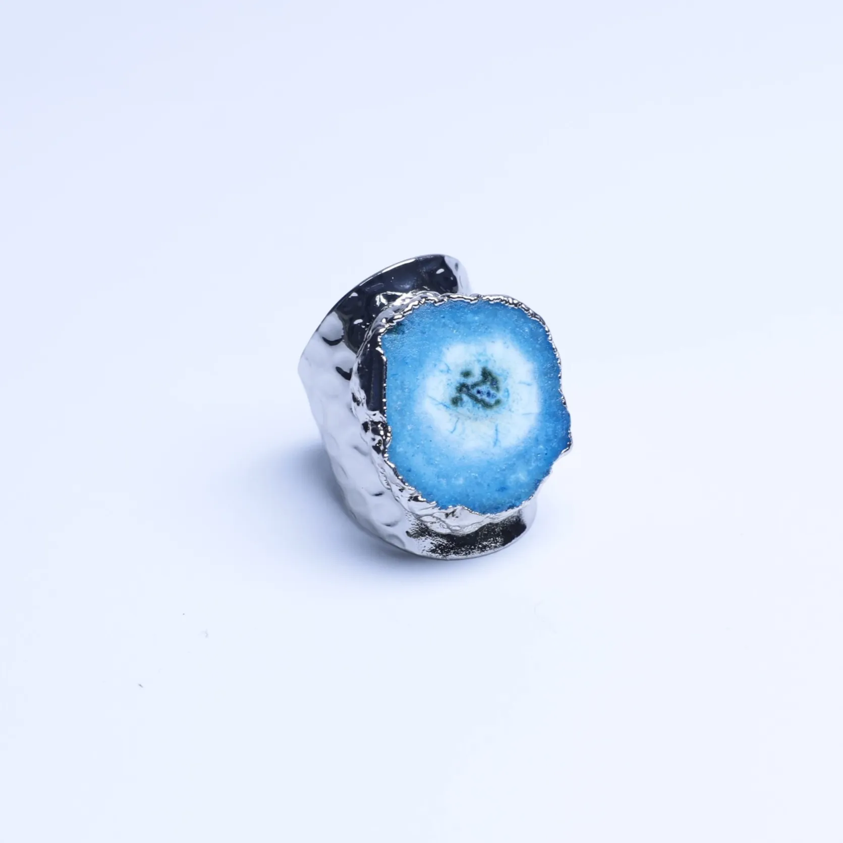 Blue-Color Agate Geode Slice Adjustable Statement Ring-03201130205