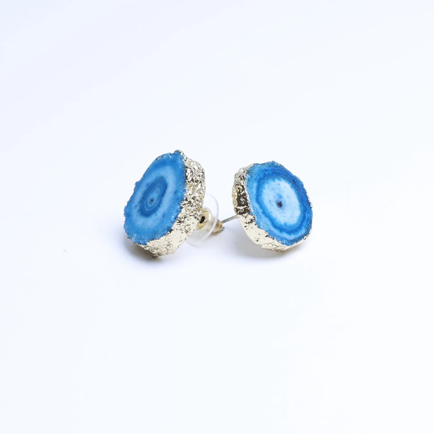 Blue-Color Agate Geode Slice Stud Earrings with Gold-Plated Edge-03201110104
