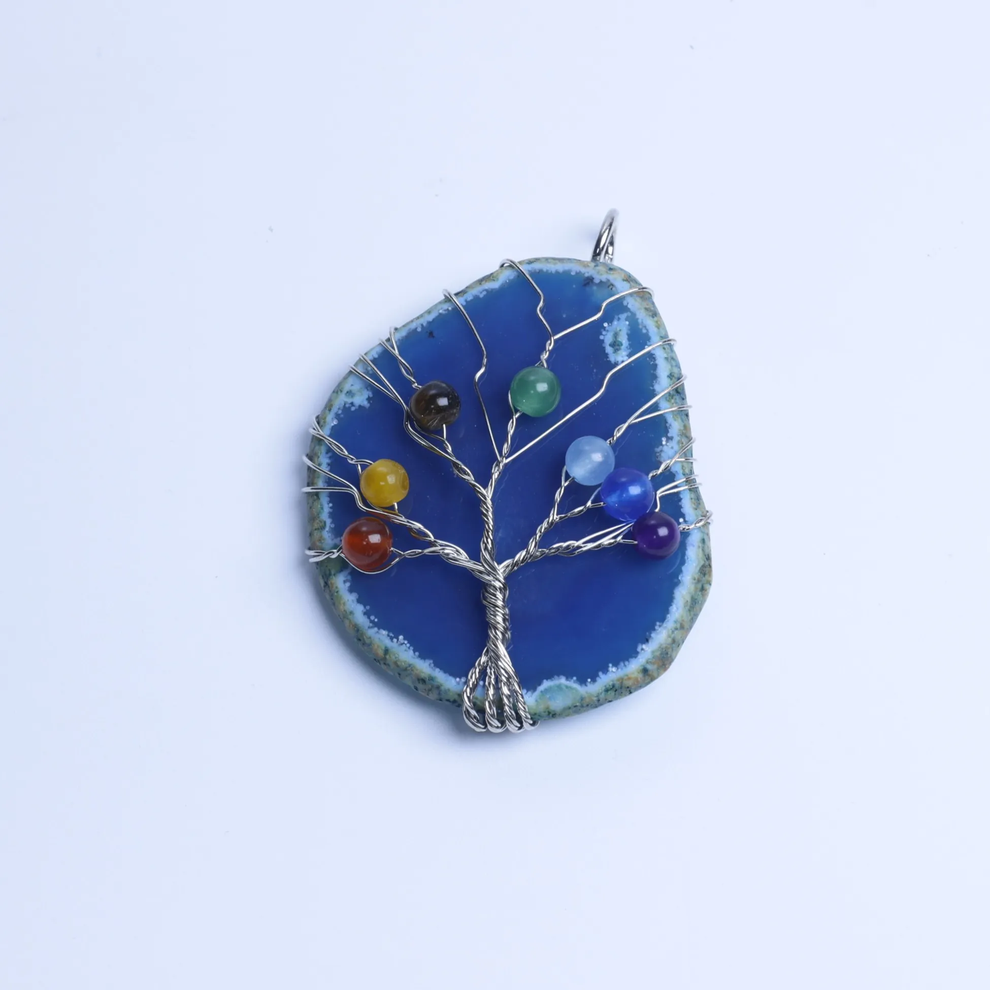 Blue-Color Tree of Life Agate Slice Pendant-03101470103