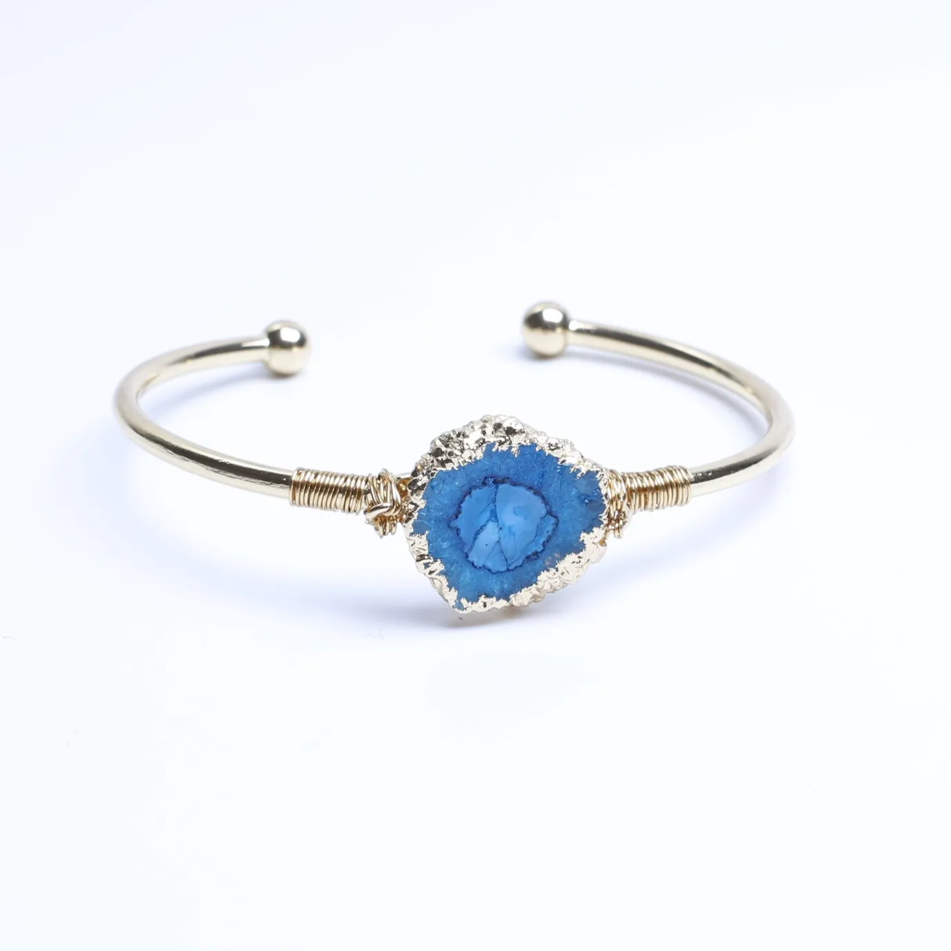Blue-Color Wire-Wrapped Agate Slice Cuff Bracelet-03701140101