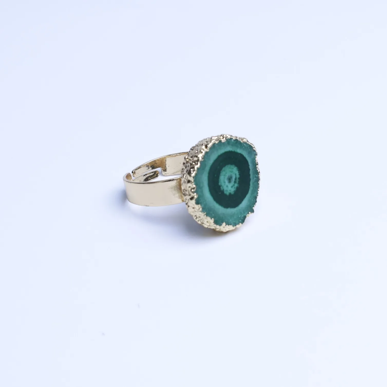 Green-Color Agate Geode Slice Adjustable Ring with Gold-Plated Edge-03401130202