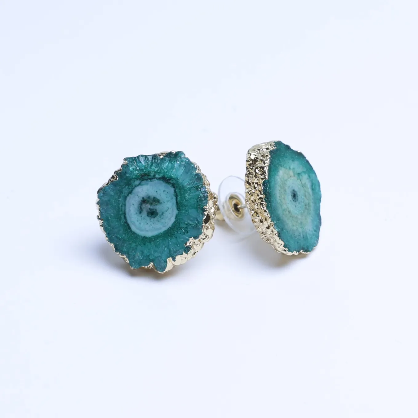 Green-Color Agate Geode Slice Stud Earrings with Gold-Plated Edge-03201110102