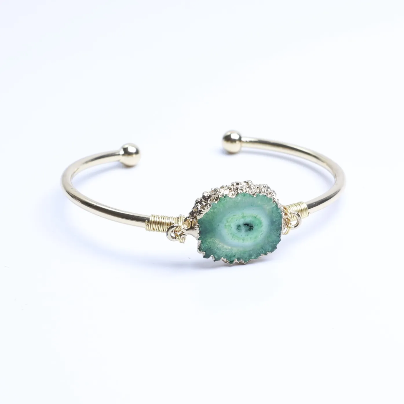Green-Color Wire-Wrapped Agate Slice Cuff Bracelet-03701140102