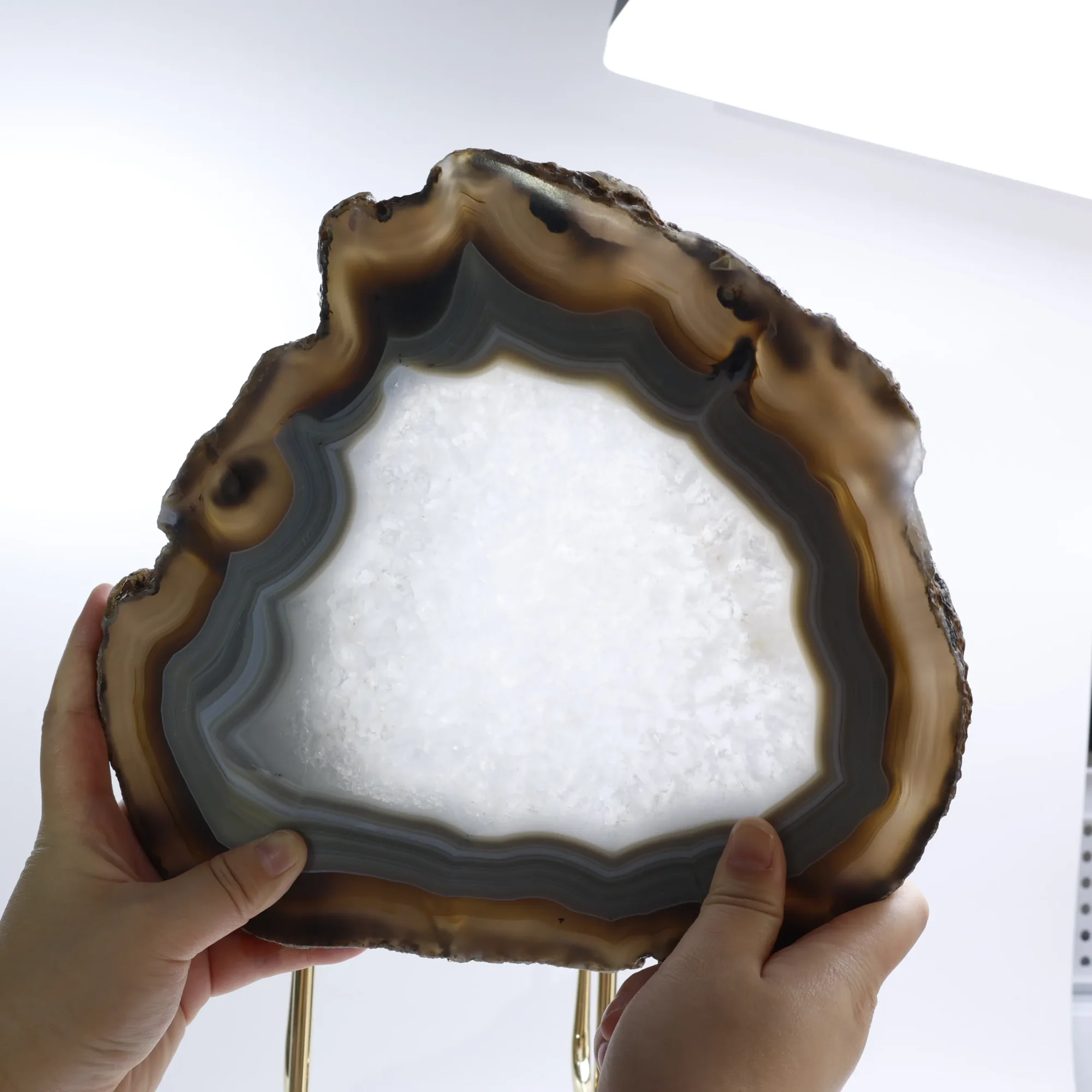 Large Natural Brazilian Agate Slice Display Specimen on Metal Stand (11 × 9.4 in)-022011001-0
