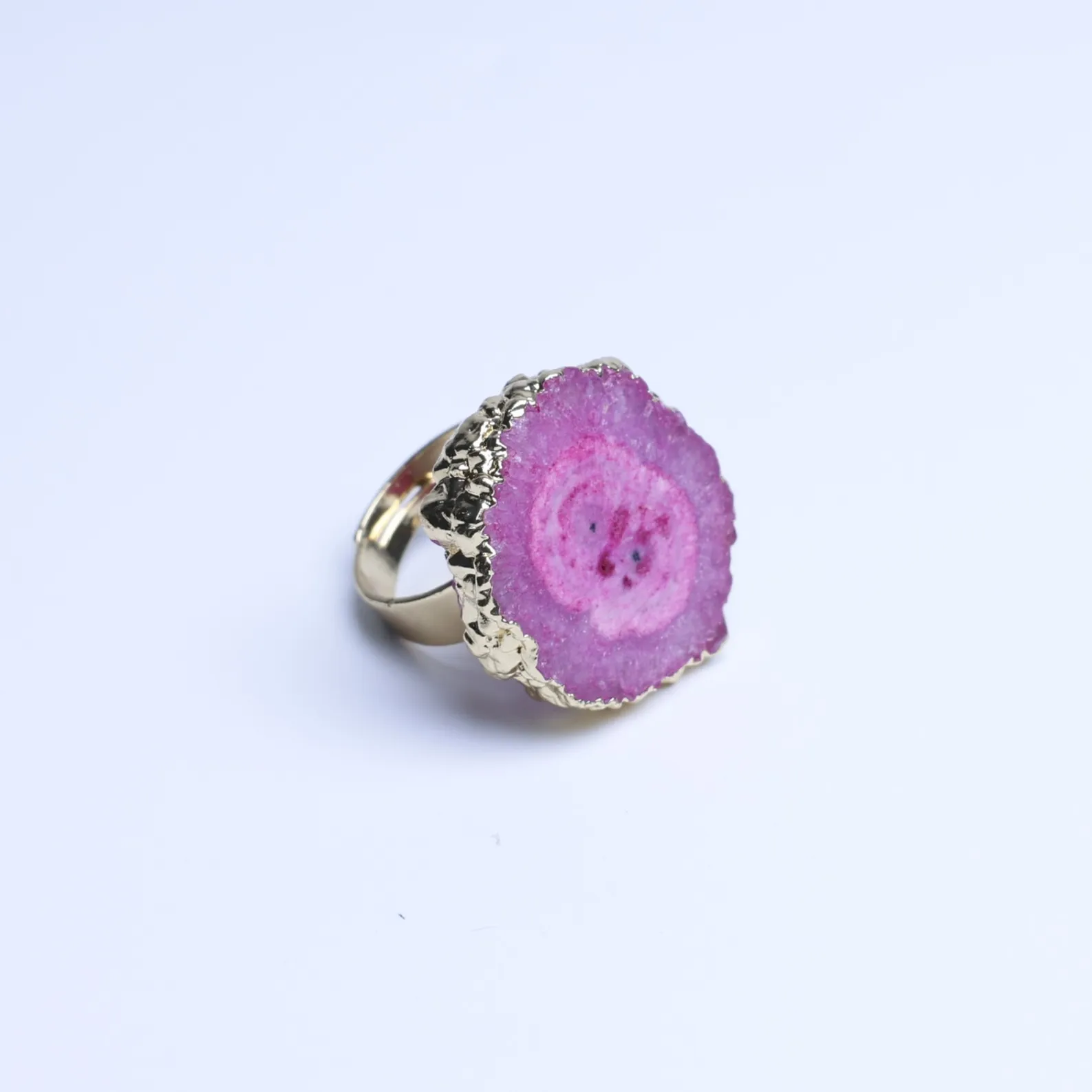 Magenta-Color Agate Geode Slice Adjustable Ring with Gold-Plated Edge-03401130204