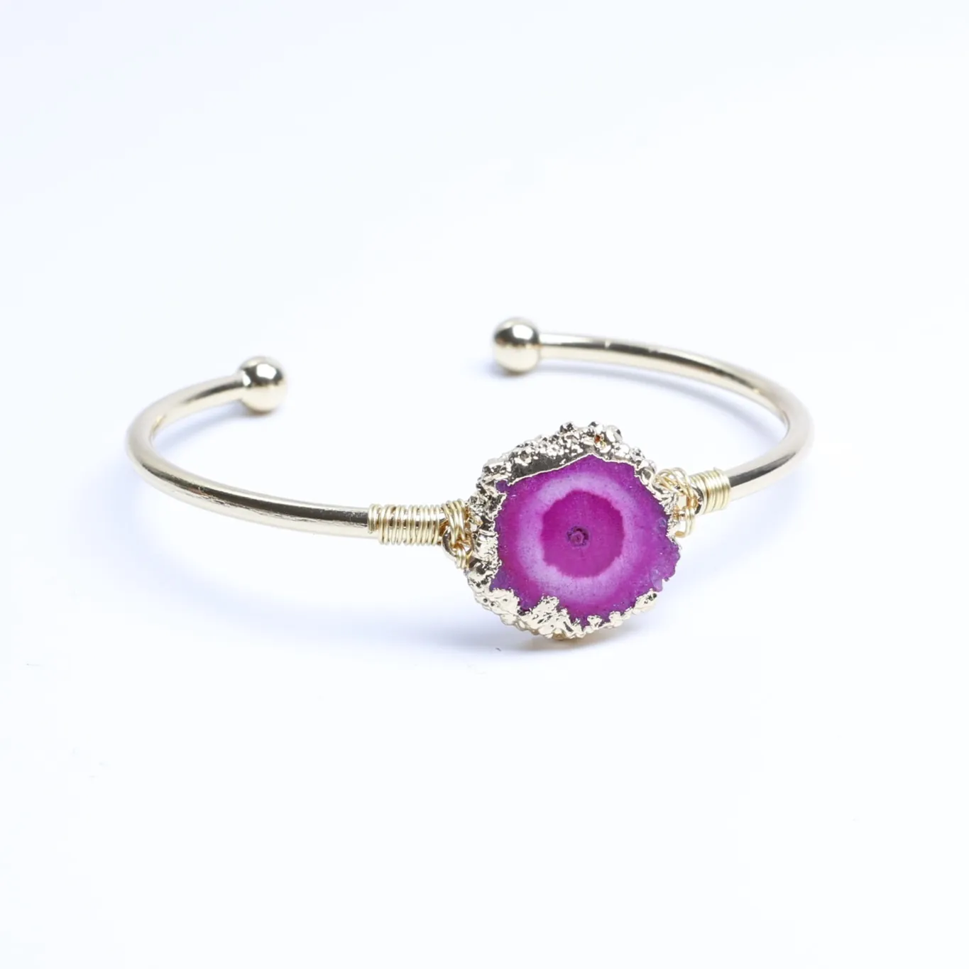 Magenta-Color Wire-Wrapped Agate Slice Cuff Bracelet-03701140105