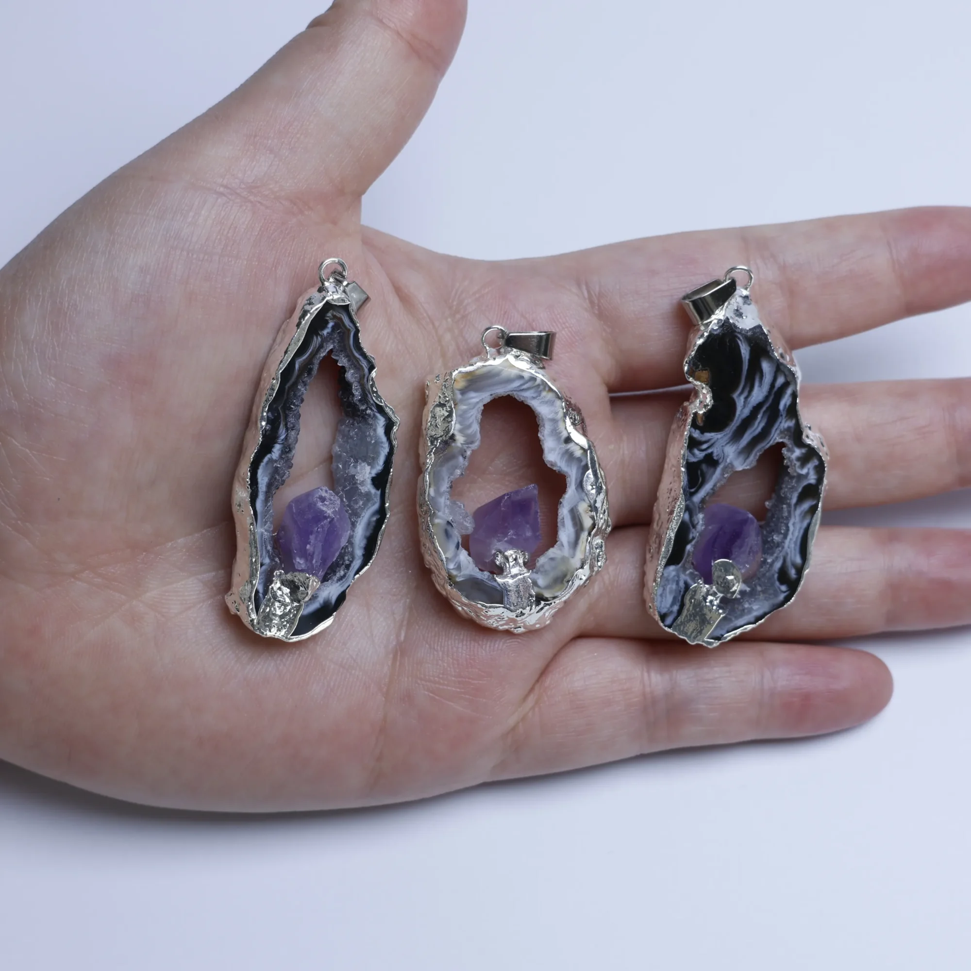 Natural Agate Geode Druzy Slice Pendant Amethyst Point Inlay-025014702-0