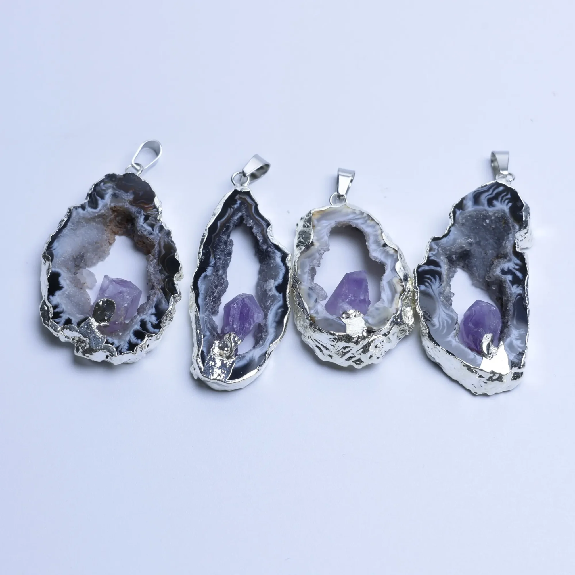 Natural Agate Geode Druzy Slice Pendant Amethyst Point Inlay-025014702