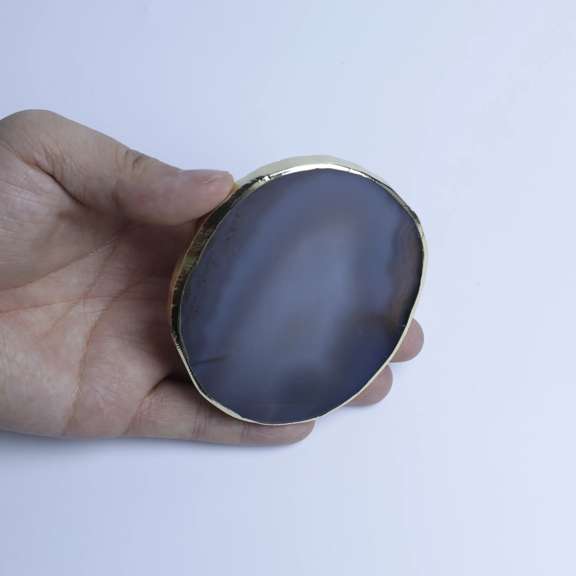 Natural Brazilian Agate Slice Coasters with Gold-Plated Edge (3.1–3.5 in)-013017901-0