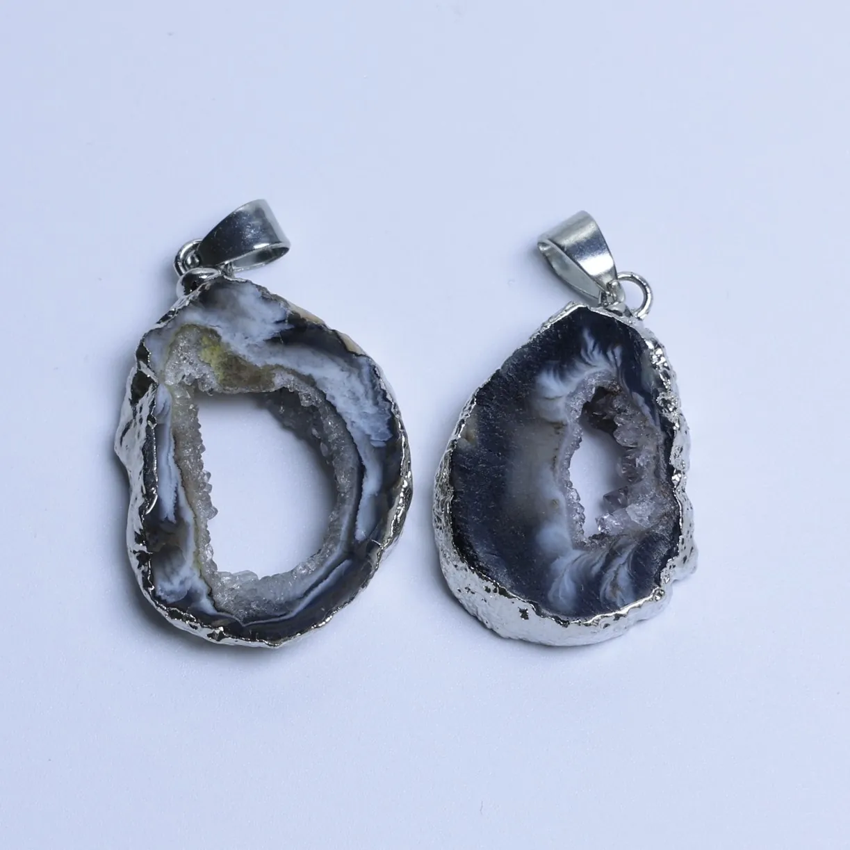 Natural Druzy Agate Geode Slice Pendant Silver Finish Edge-033014701-1