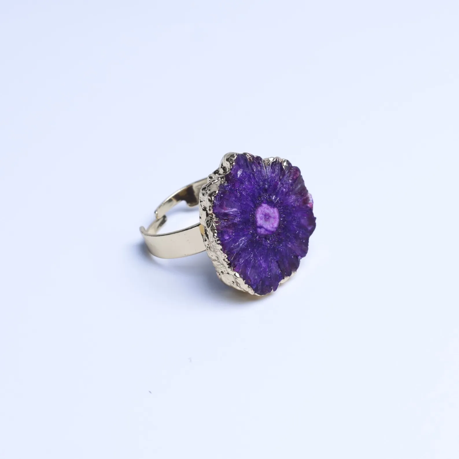 Purple-Color Agate Geode Slice Adjustable Ring with Gold-Plated Edge-03401130203