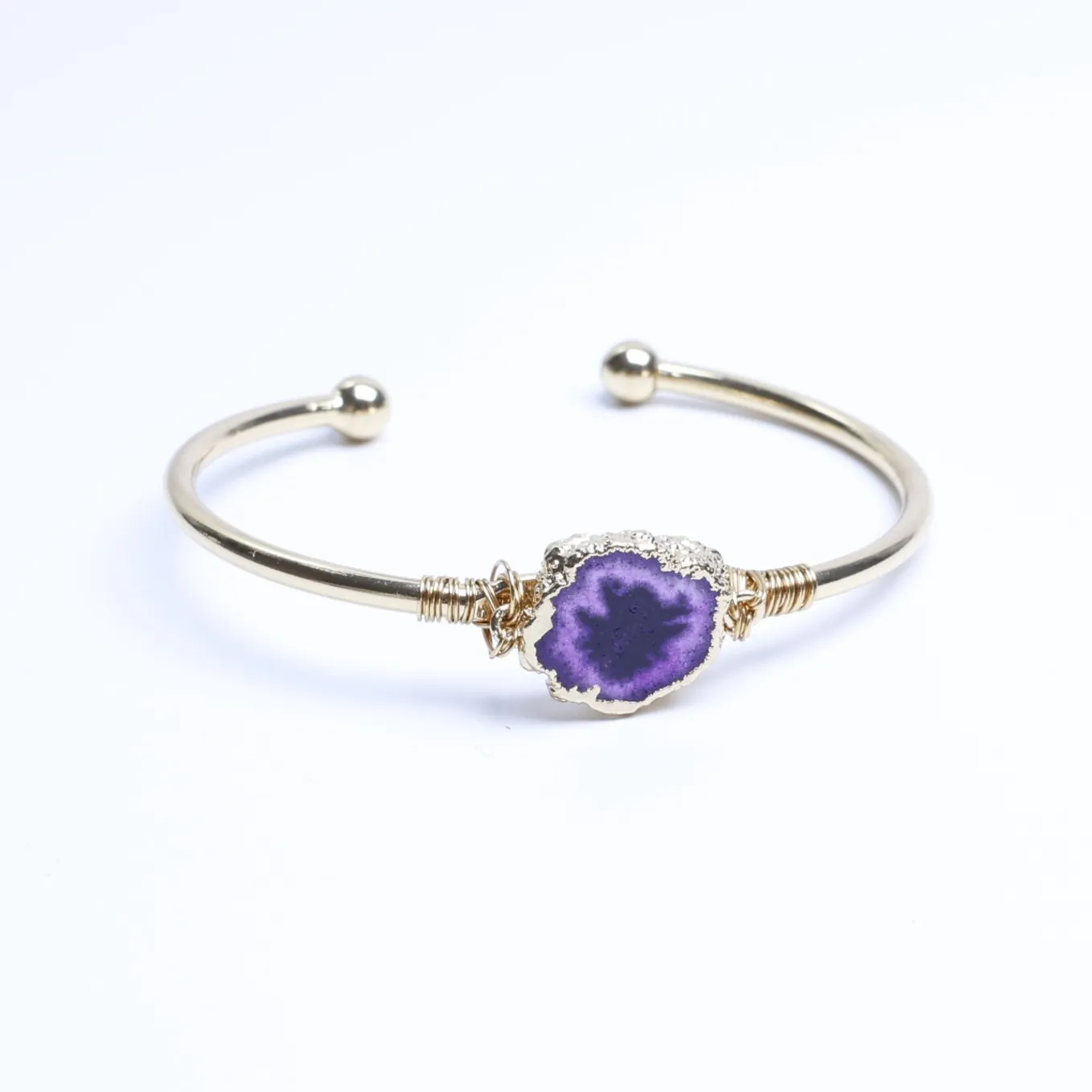 Purple-Color Wire-Wrapped Agate Slice Cuff Bracelet-03701140104