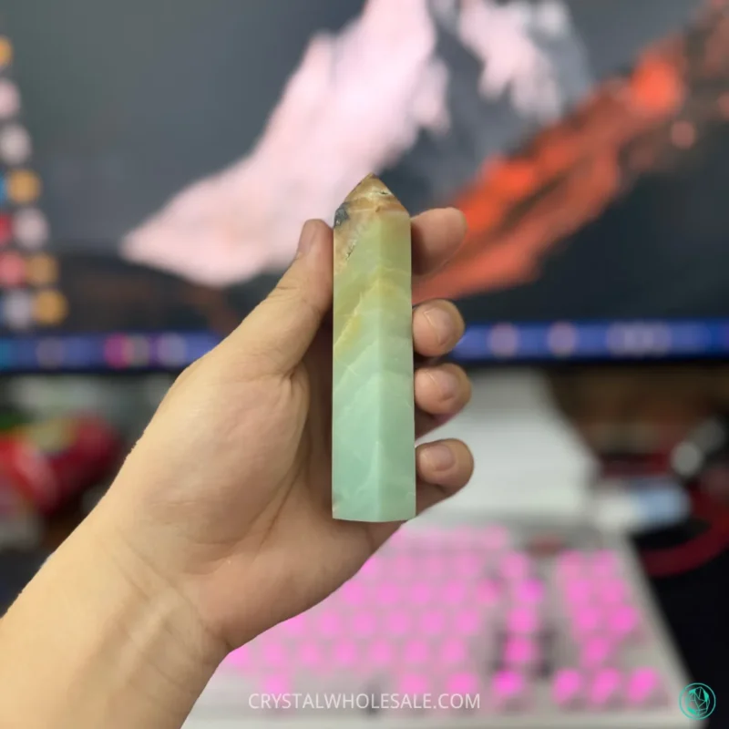 Using Amazonite Tower in front of phone and computer screen