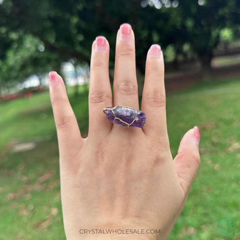 Wearing an amethyst rough stone ring