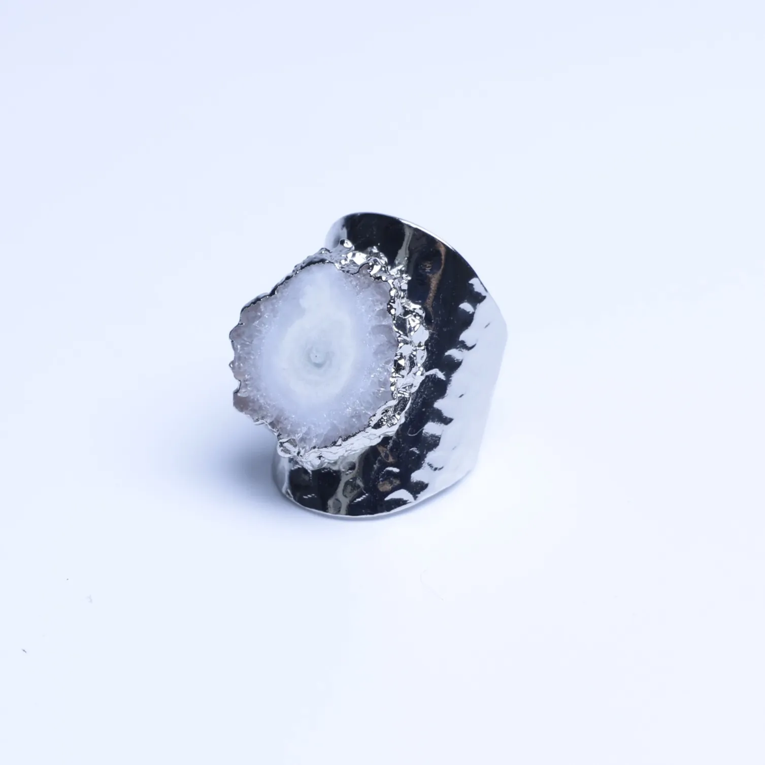 White-Color Agate Geode Slice Adjustable Statement Ring-03201130201