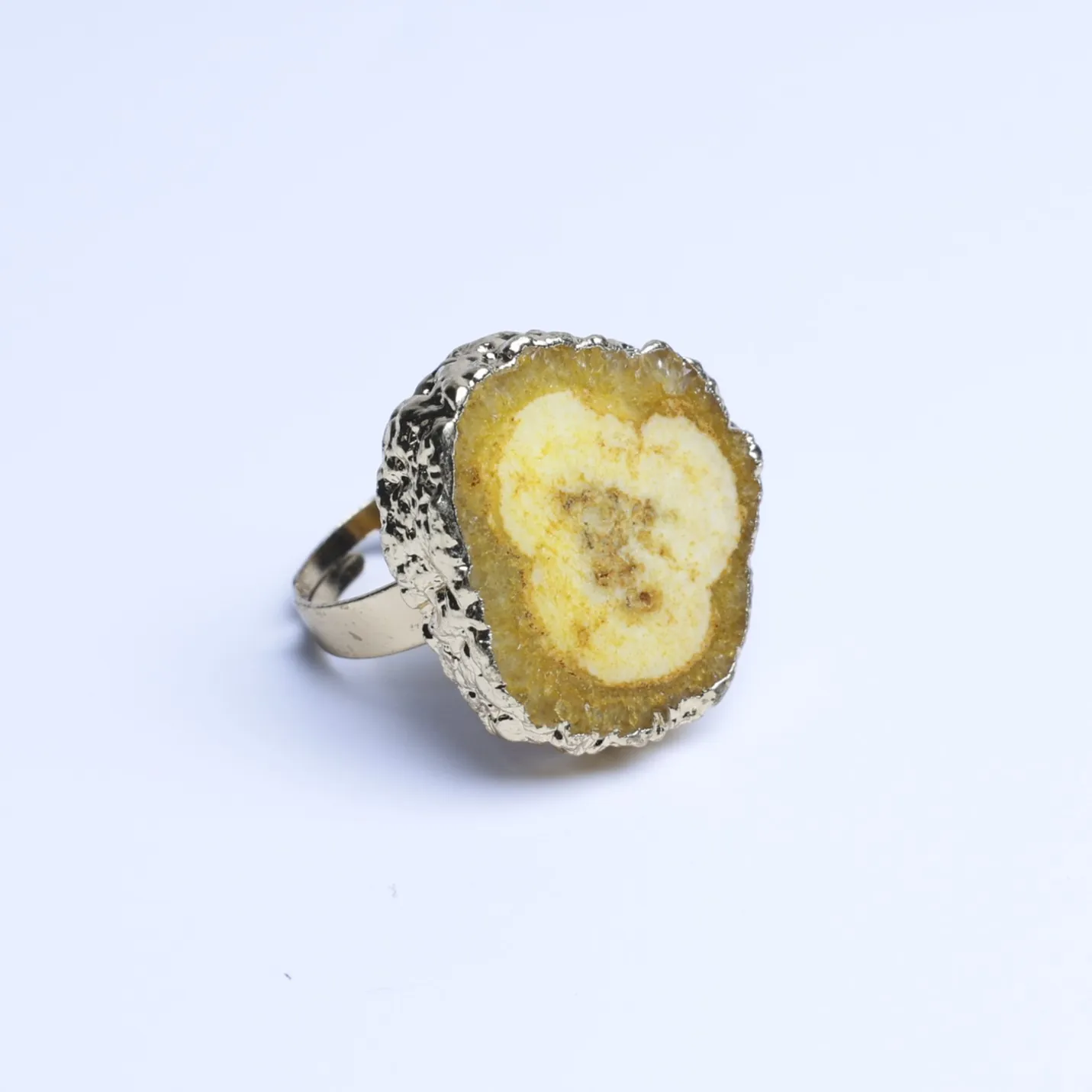Yellow-Color Agate Geode Slice Adjustable Ring with Gold-Plated Edge-03401130206