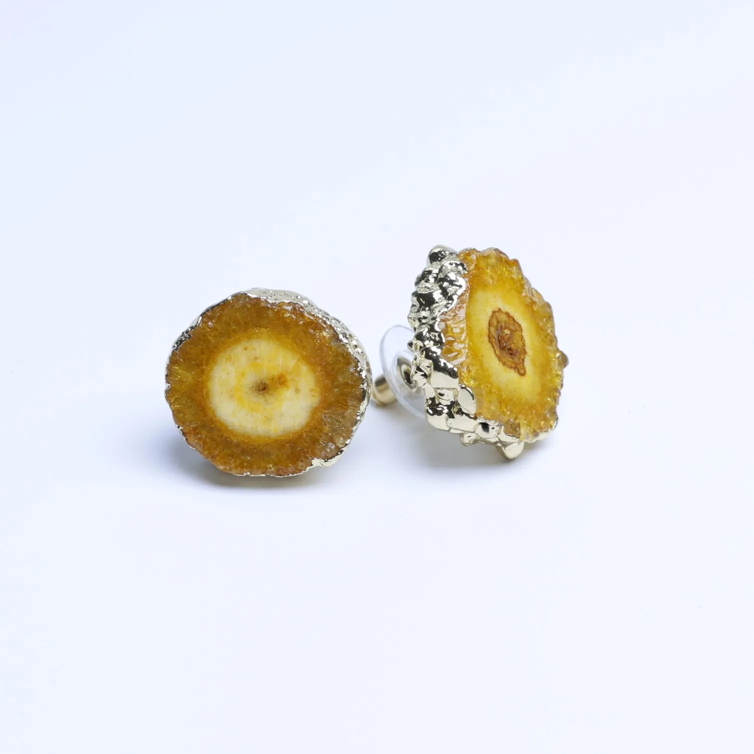 Yellow-Color Agate Geode Slice Stud Earrings with Gold-Plated Edge-03201110105