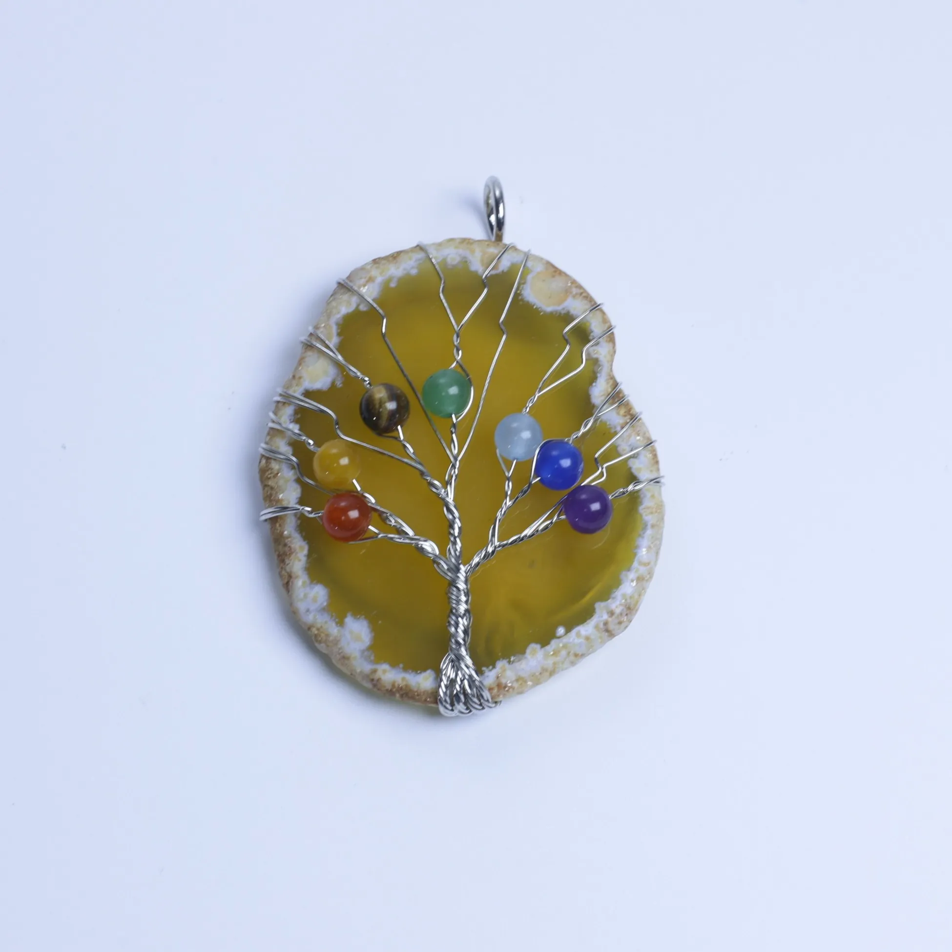Yellow-Color Tree of Life Agate Slice Pendant-03101470104
