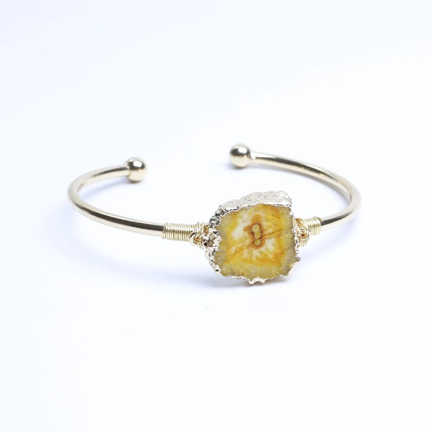 Yellow-Color Wire-Wrapped Agate Slice Cuff Bracelet-03701140103