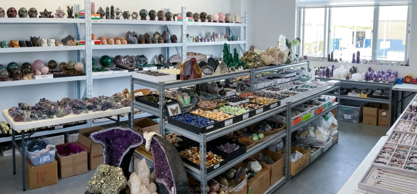 Interior view of a crystal shop with metal shelves filled with geodes, mineral clusters, and crystal spheres on display tables and shelves under bright light.